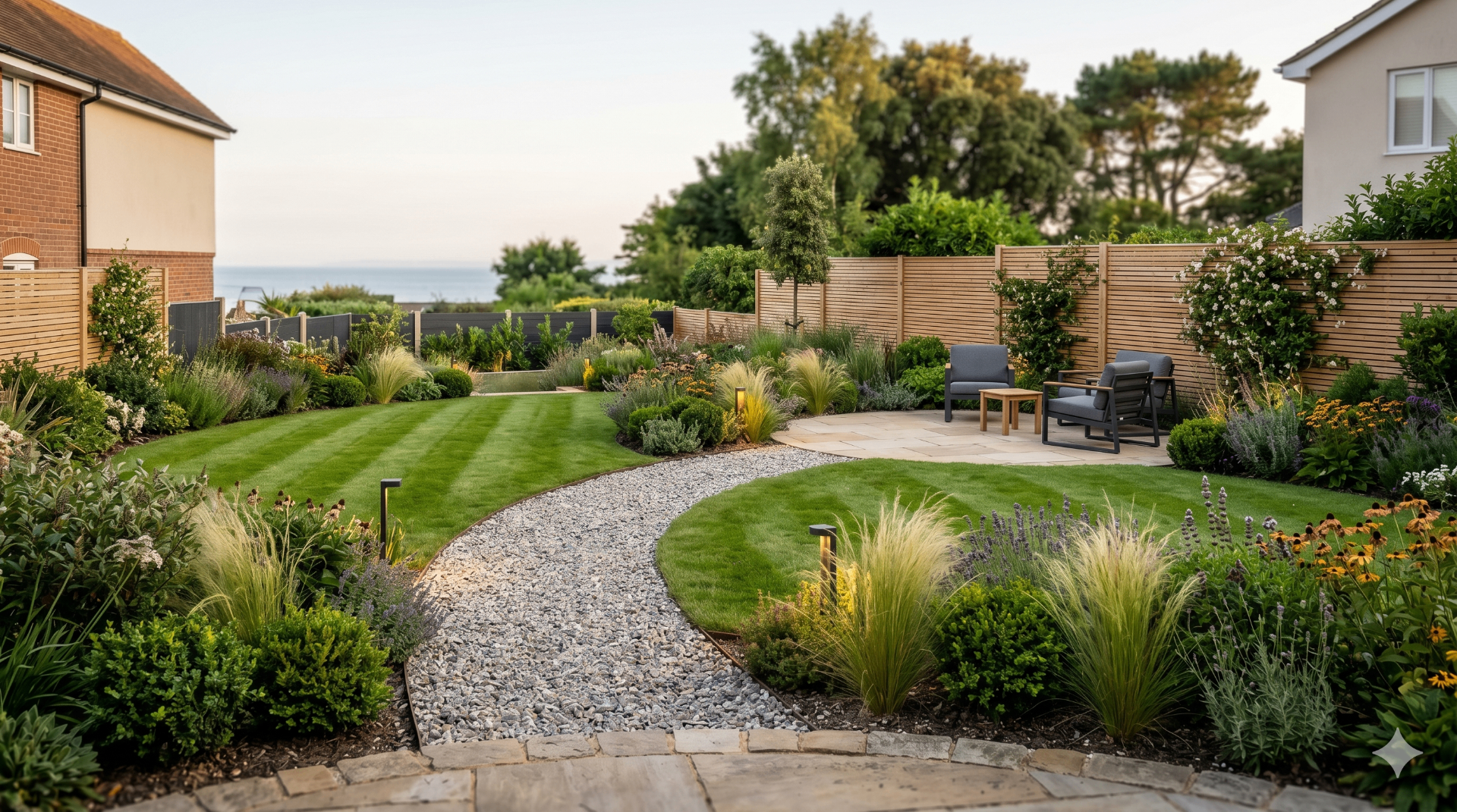 Premium residential garden in Bournemouth with striped lawn, gravel path and slatted fencing
